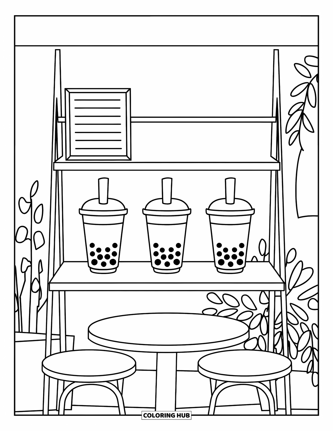 Bubble Tea Coloring Page for Kids: Three decorated bubble teas sit on a wooden shelf beside cute hanging plants