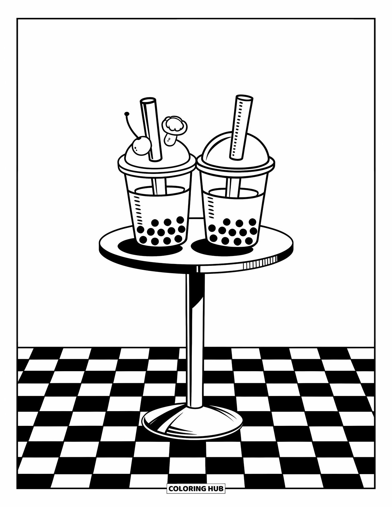Bubble Tea Coloring Page for Kids: Two bubble teas sit on a small table with fun straws and cute toppings
