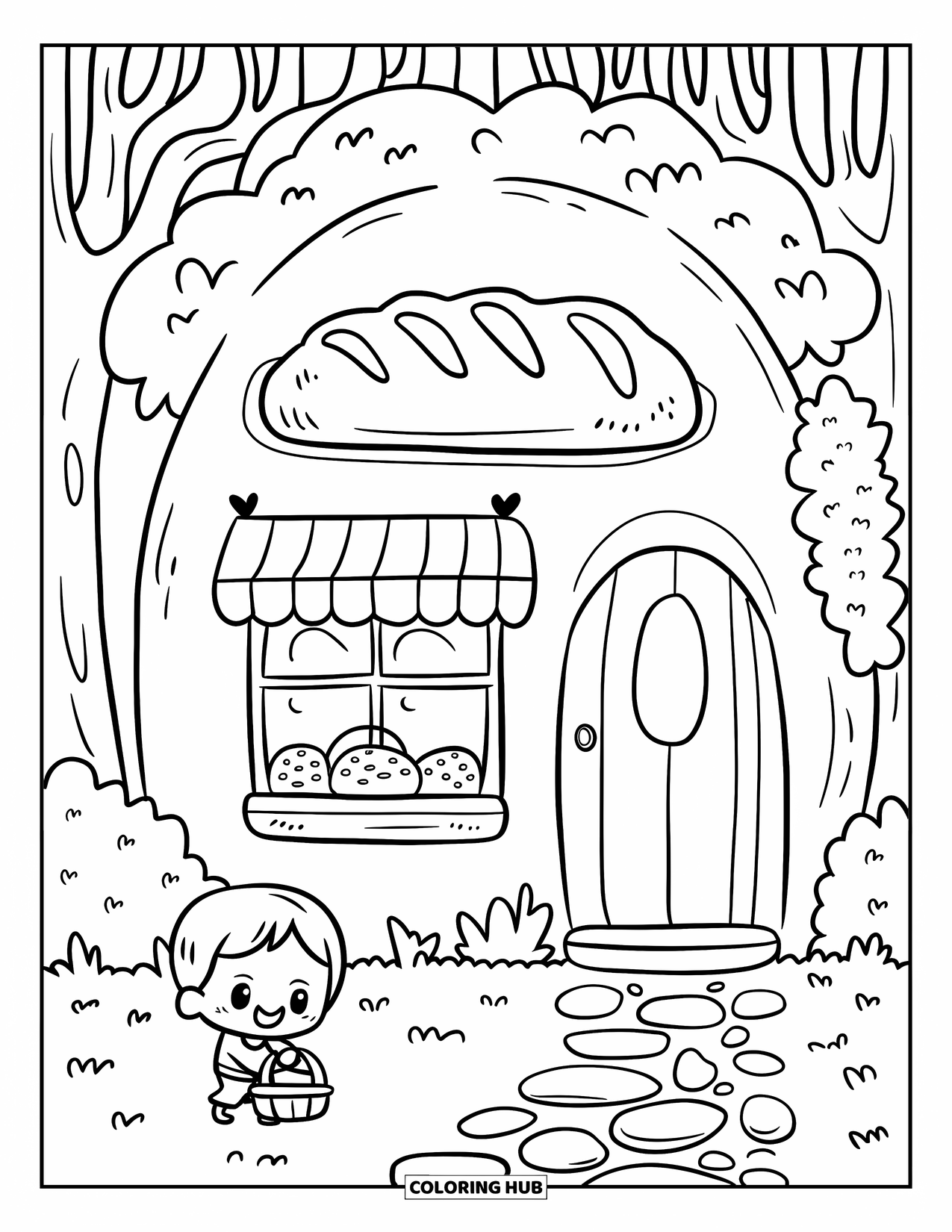 Building Coloring Page for Adults: A cozy forest bakery with a loaf sign, striped awning, and a chibi boy with a basket