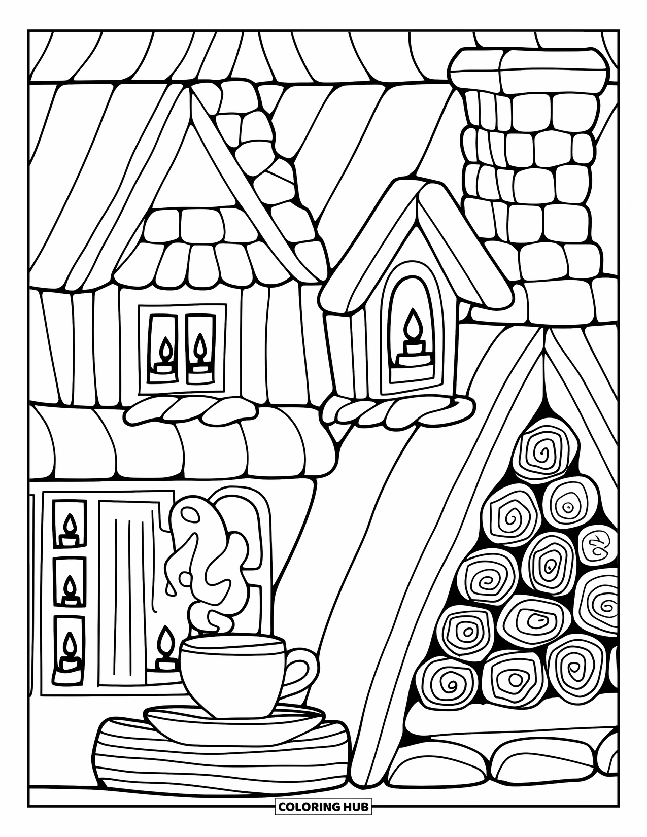 Building Coloring Page for Adults: A cozy lodge with glowing windows, a chunky chimney, and cocoa beside the woodpile