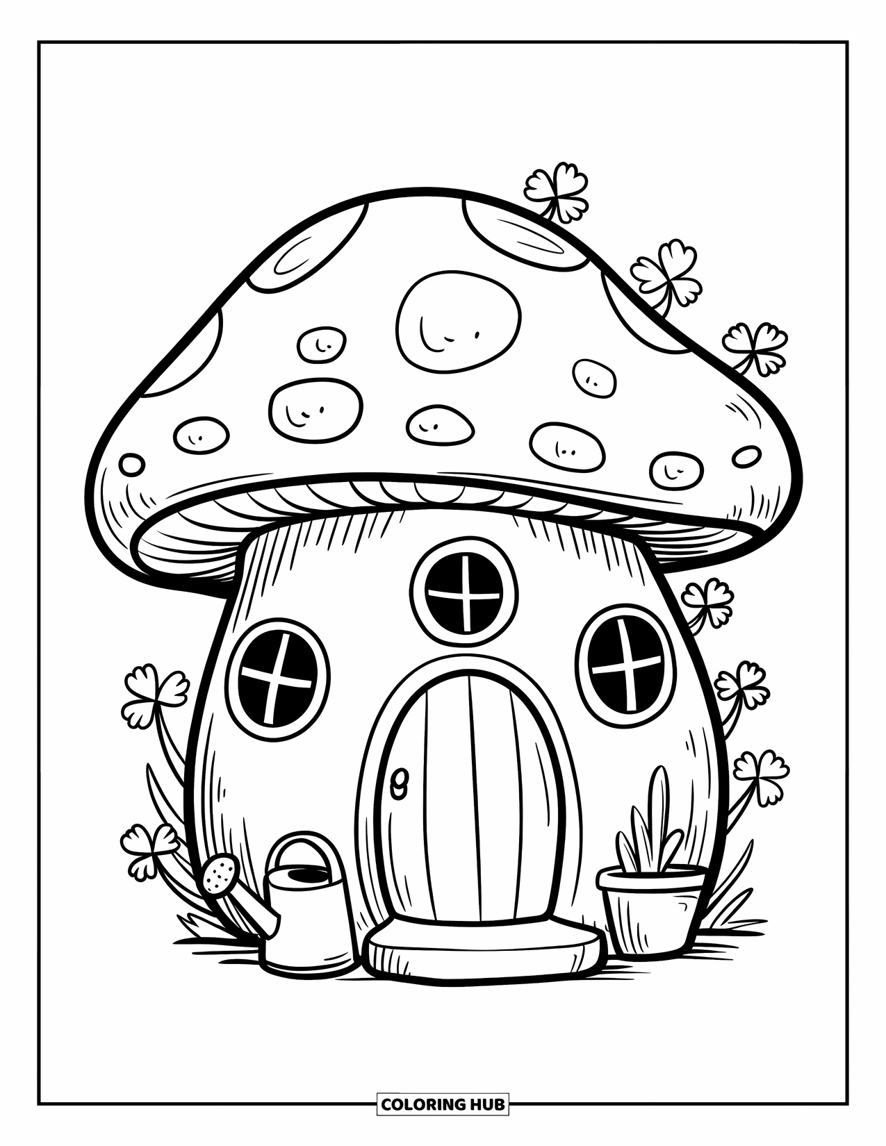 Building Coloring Page for Adults: A cozy mushroom home with circular windows, a tiny stoop, and two potted plants outside