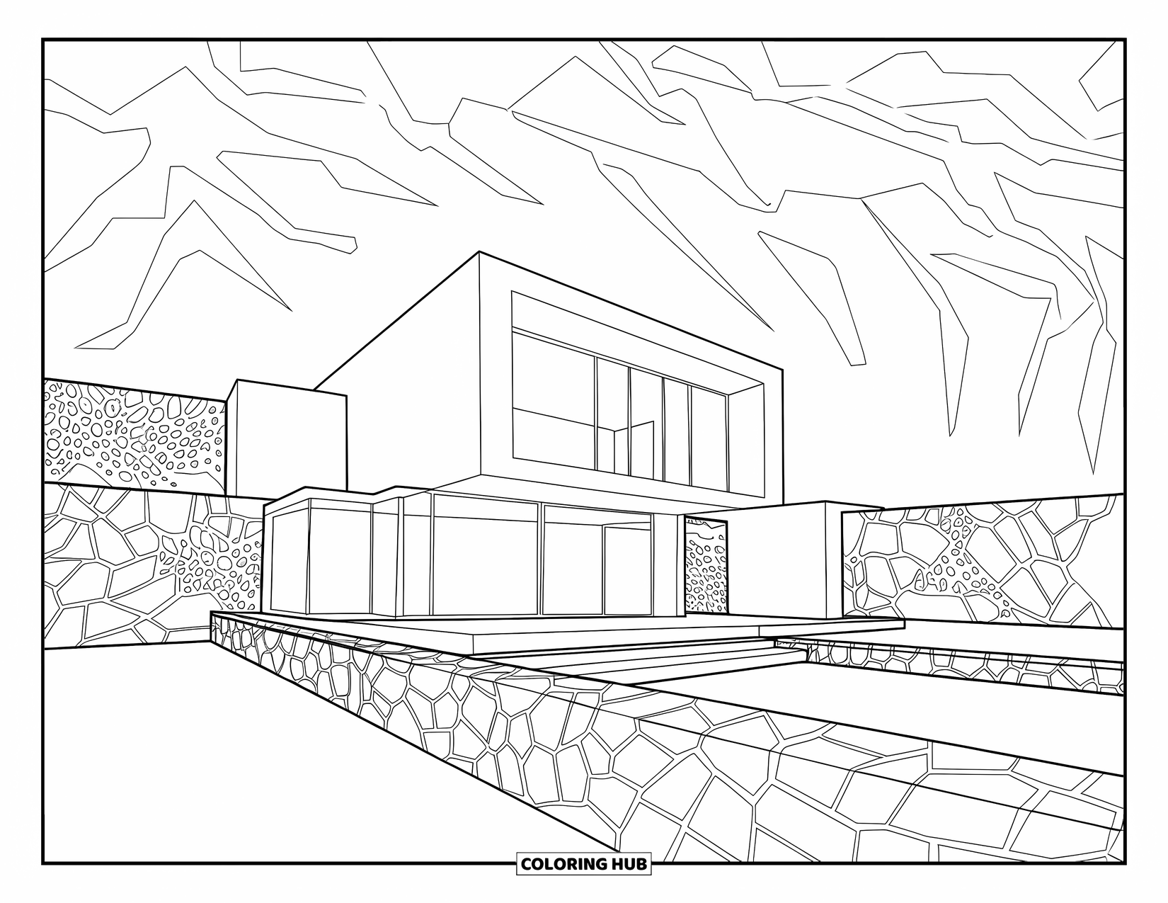 Building Coloring Page for Adults: A cube-shaped home with long windows and a stone garden wall beside artistic patterns