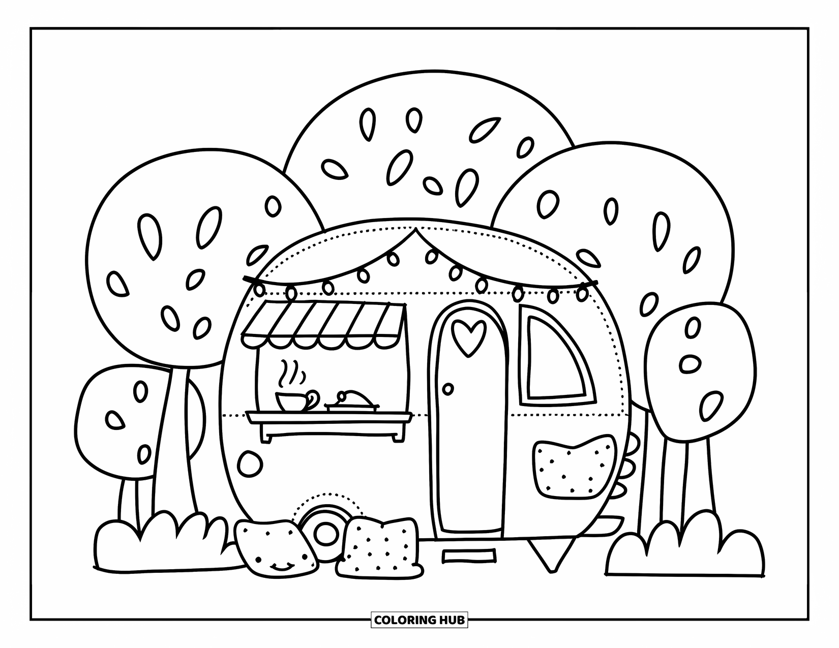 Building Coloring Page for Adults: A cute van with a steaming teapot, fairy lights, and a fold-down table inside