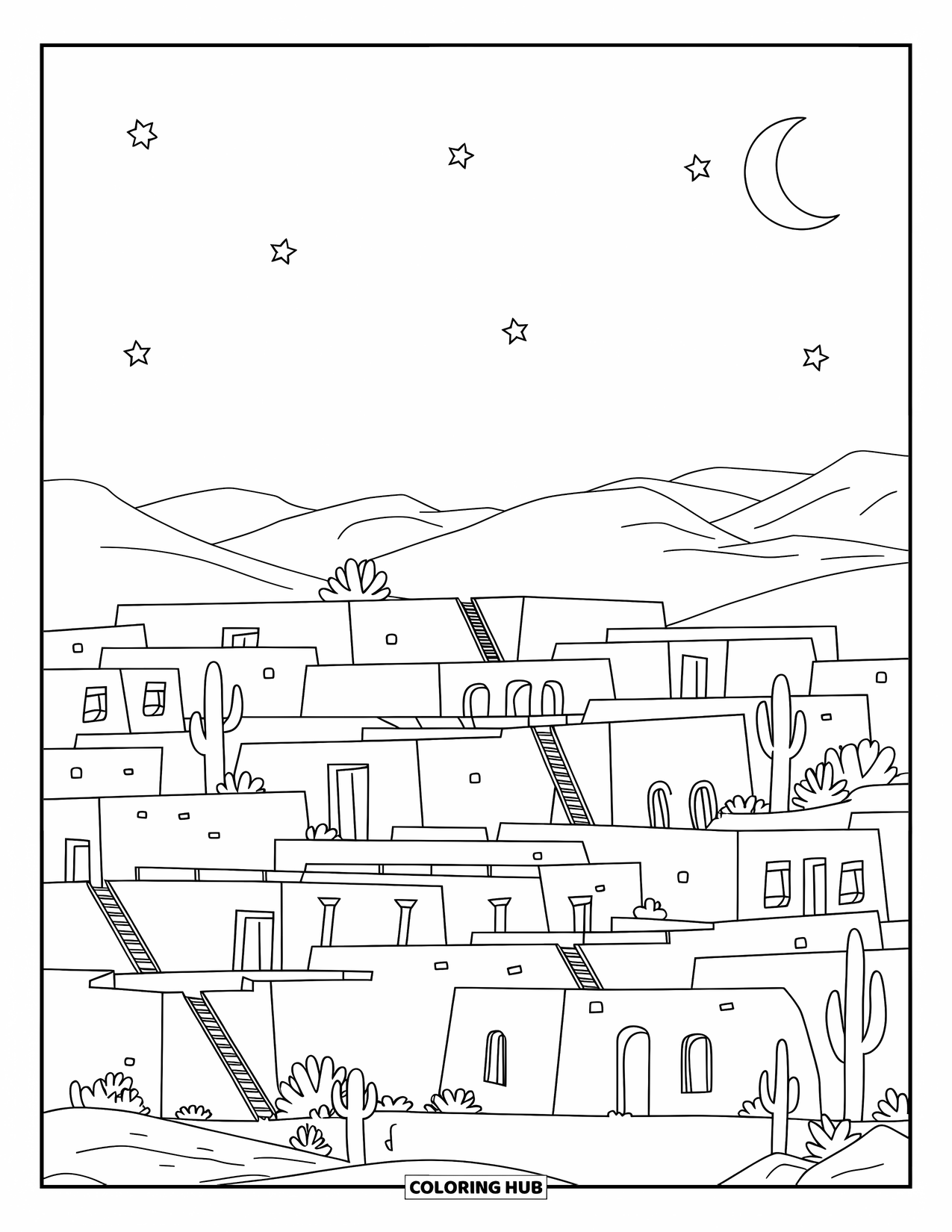 Building Coloring Page for Adults: A desert adobe village with smooth rooftops, ladders, cacti, and a starry sky above