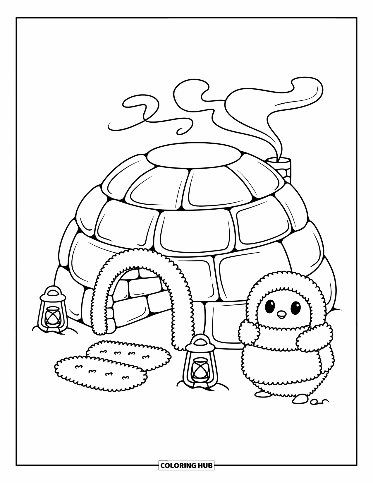 Building Coloring Page for Adults: A fluffy igloo home with steam, lanterns, and a penguin standing beside it
