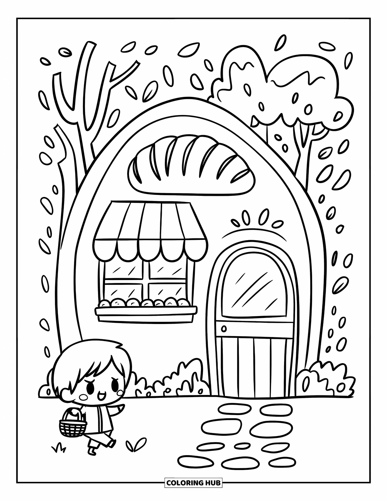 Building Coloring Page for Adults: A forest bakery hut with leaf doormat, loaf sign, and a chibi boy near the path