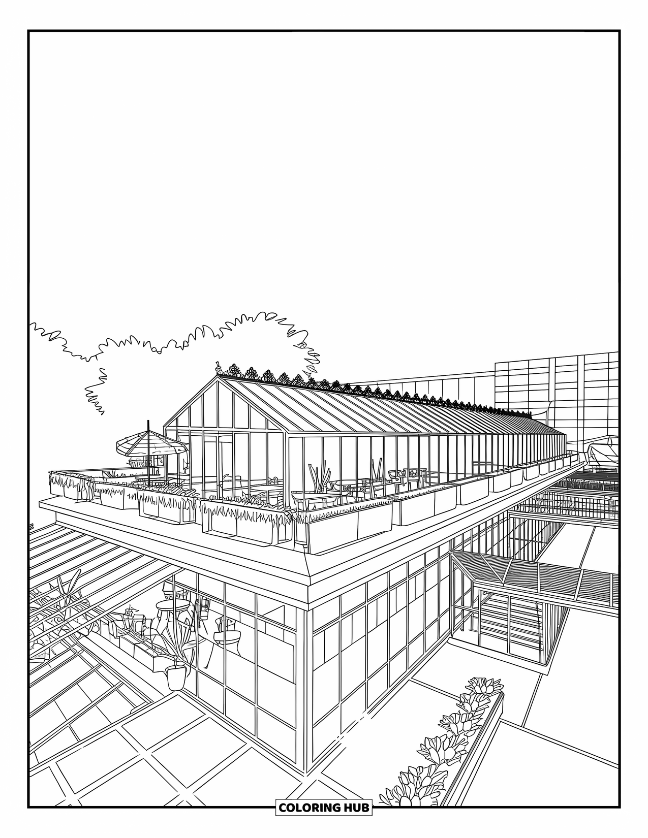 Building Coloring Page for Adults: A greenhouse café sits above a shopping mall with plants, chairs, and a stylish facade