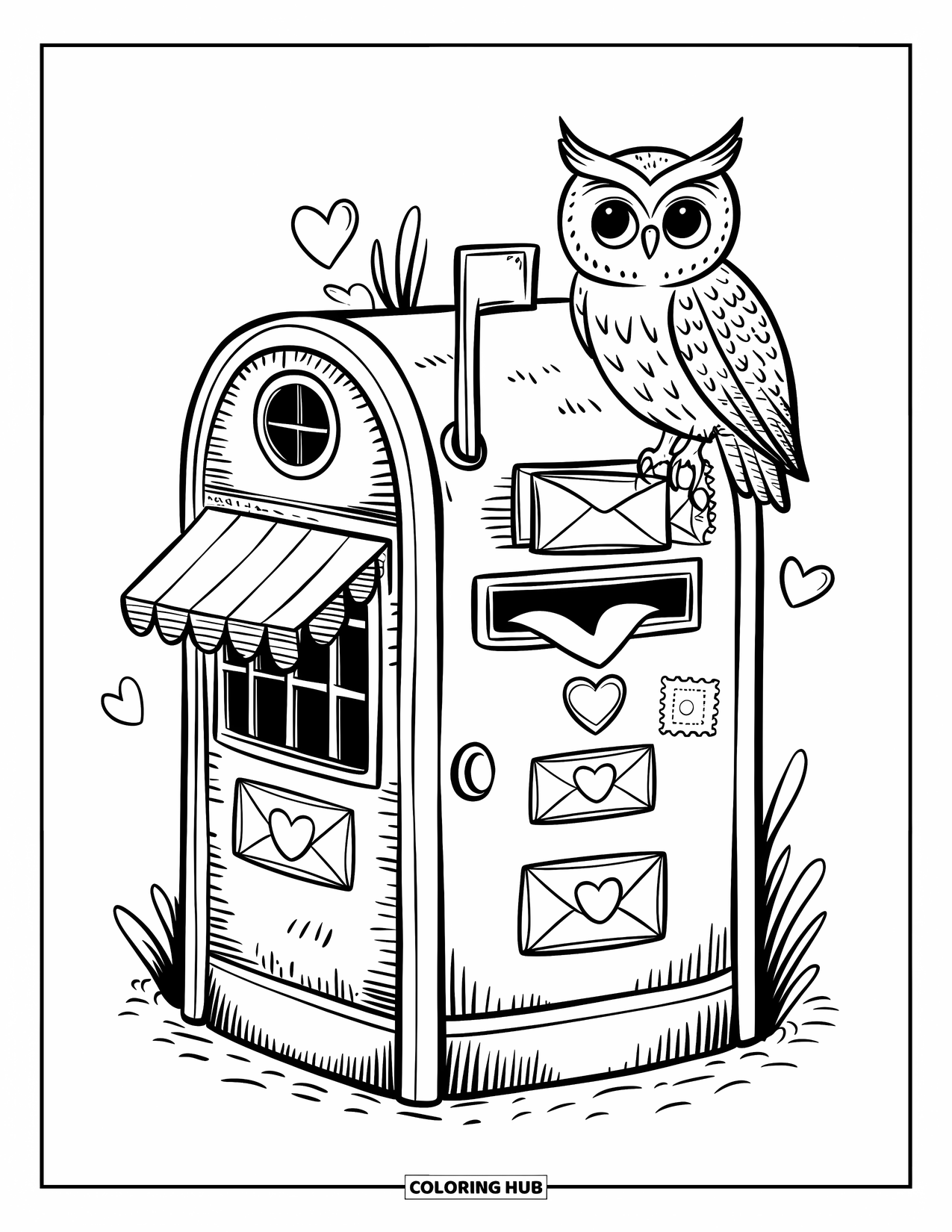 Building Coloring Page for Adults: A mailbox-style post office with heart signs and an owl carrying a stamped envelope