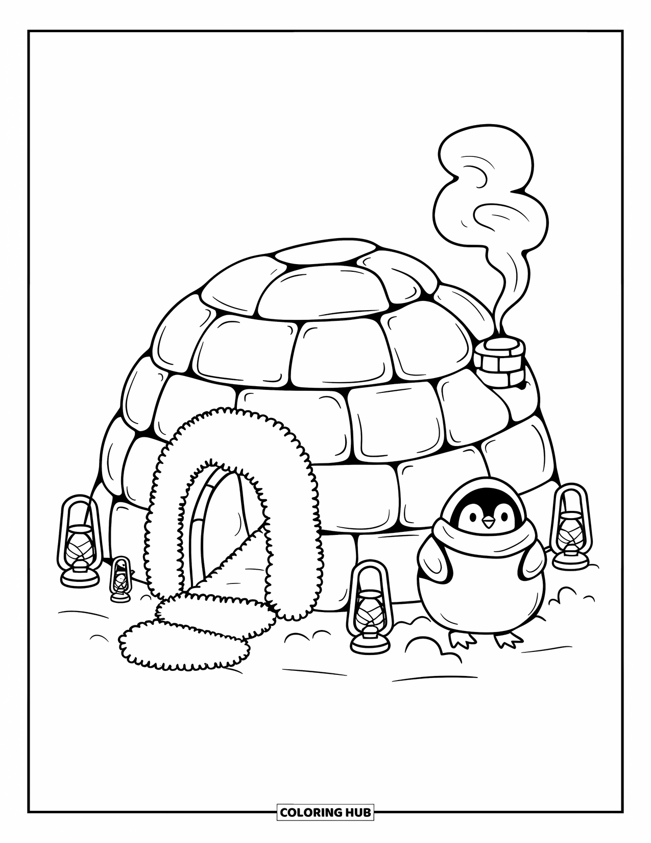 Building Coloring Page for Adults: A marshmallow-like igloo with steam rising and a bundled-up penguin nearby