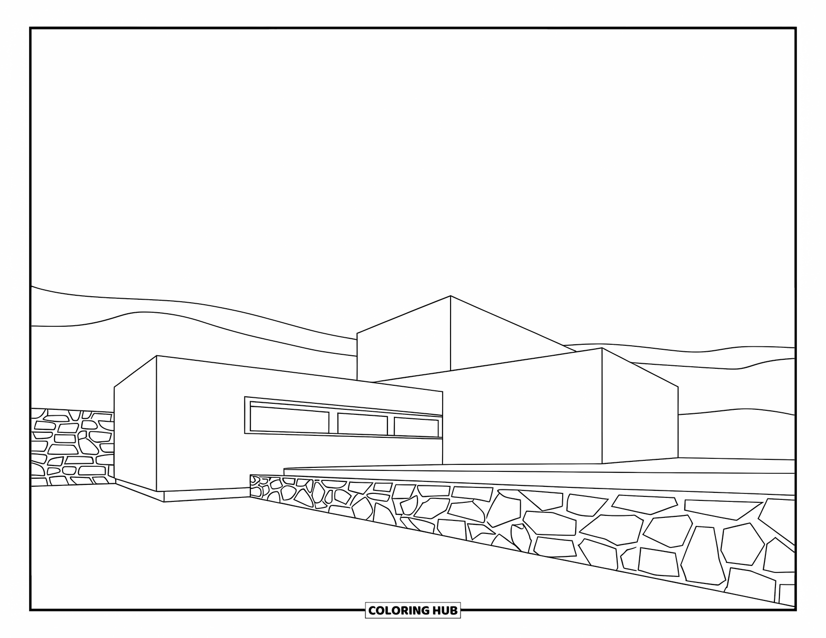Building Coloring Page for Adults: A minimalist home with a long window, sharp edges, and a stone wall nearby