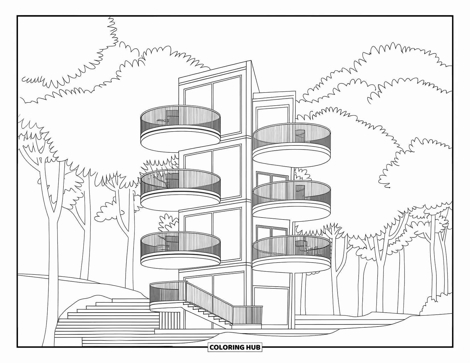 Building Coloring Page for Adults: A modern micro-apartment with rotating balconies, surrounded by trees and smart design touches
