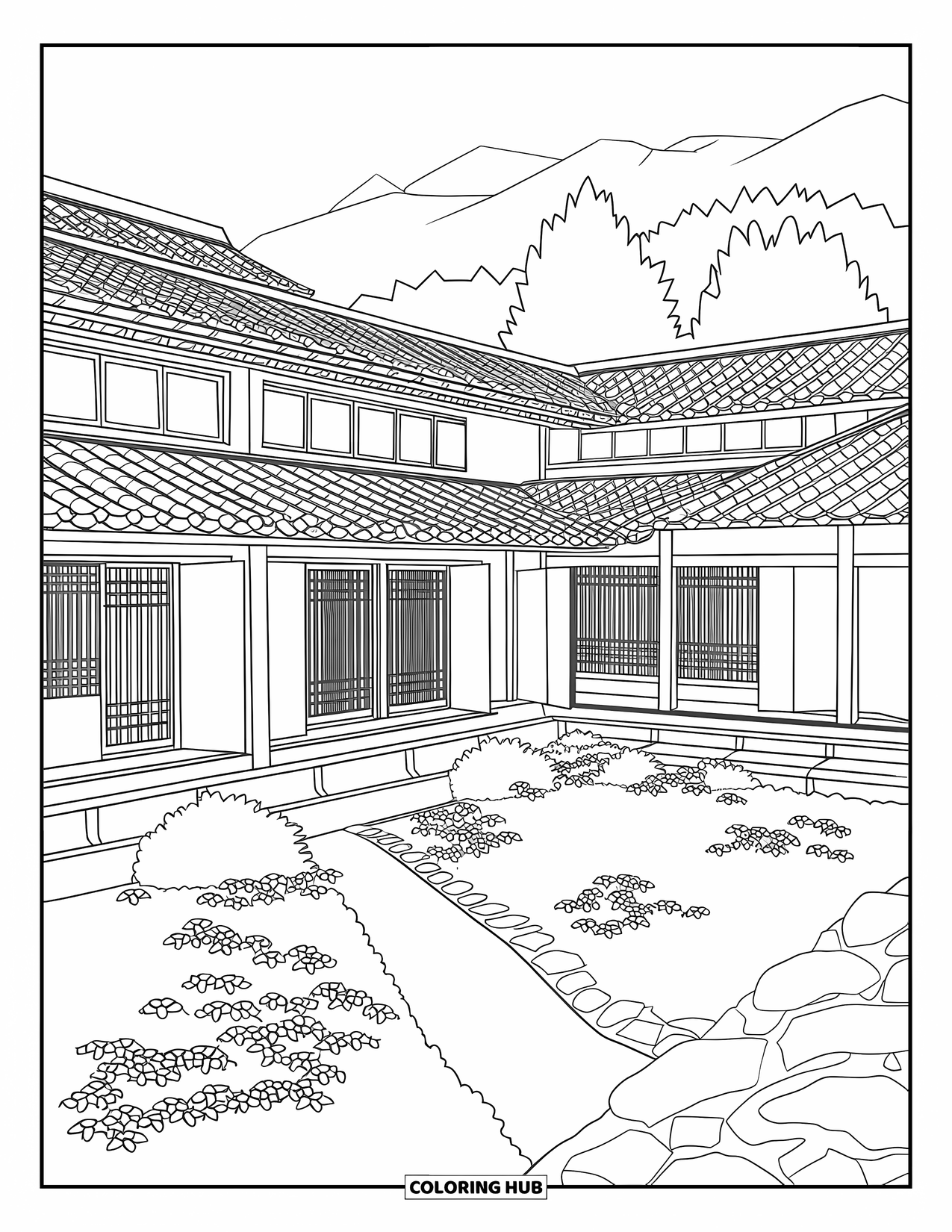 Building Coloring Page for Adults: A multi-level ryokan with sliding doors, stone path, and mountains in the background