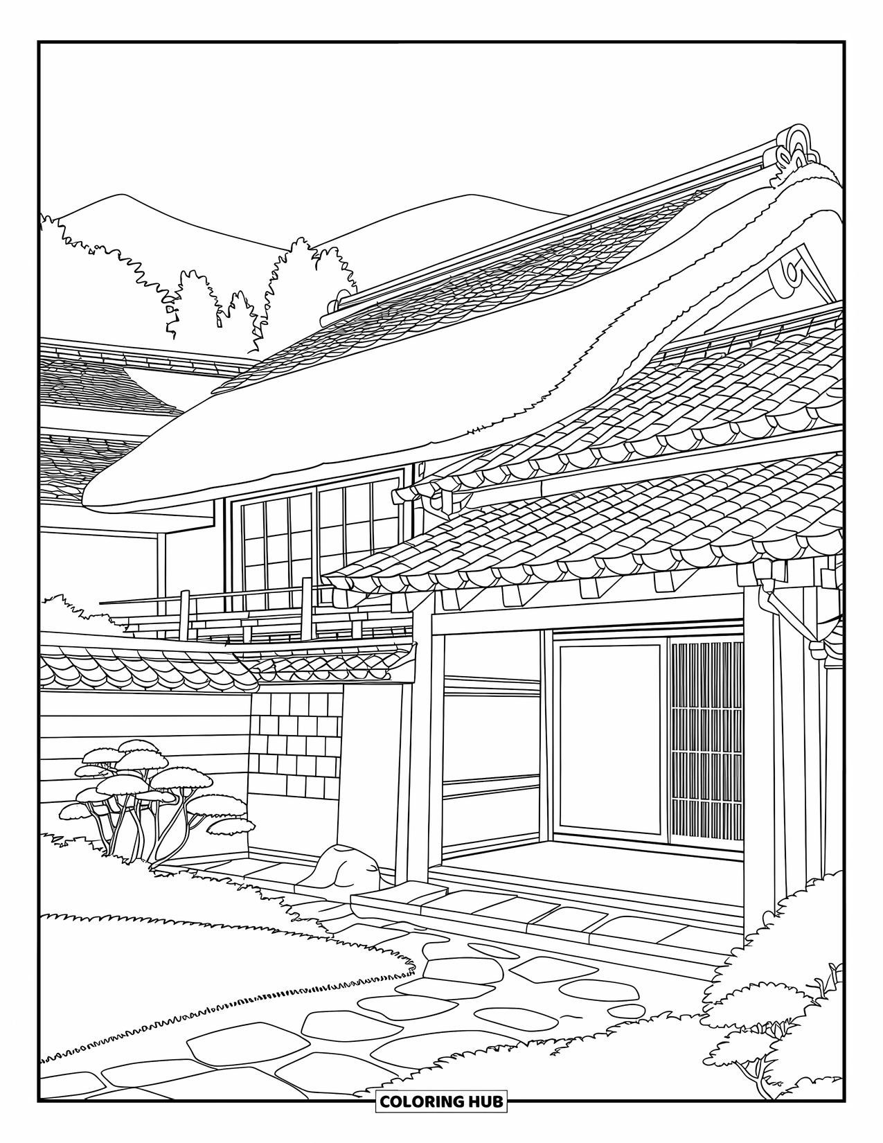 Building Coloring Page for Adults: A peaceful Japanese ryokan with sliding doors, tiled roofs, and a courtyard surrounded by trees
