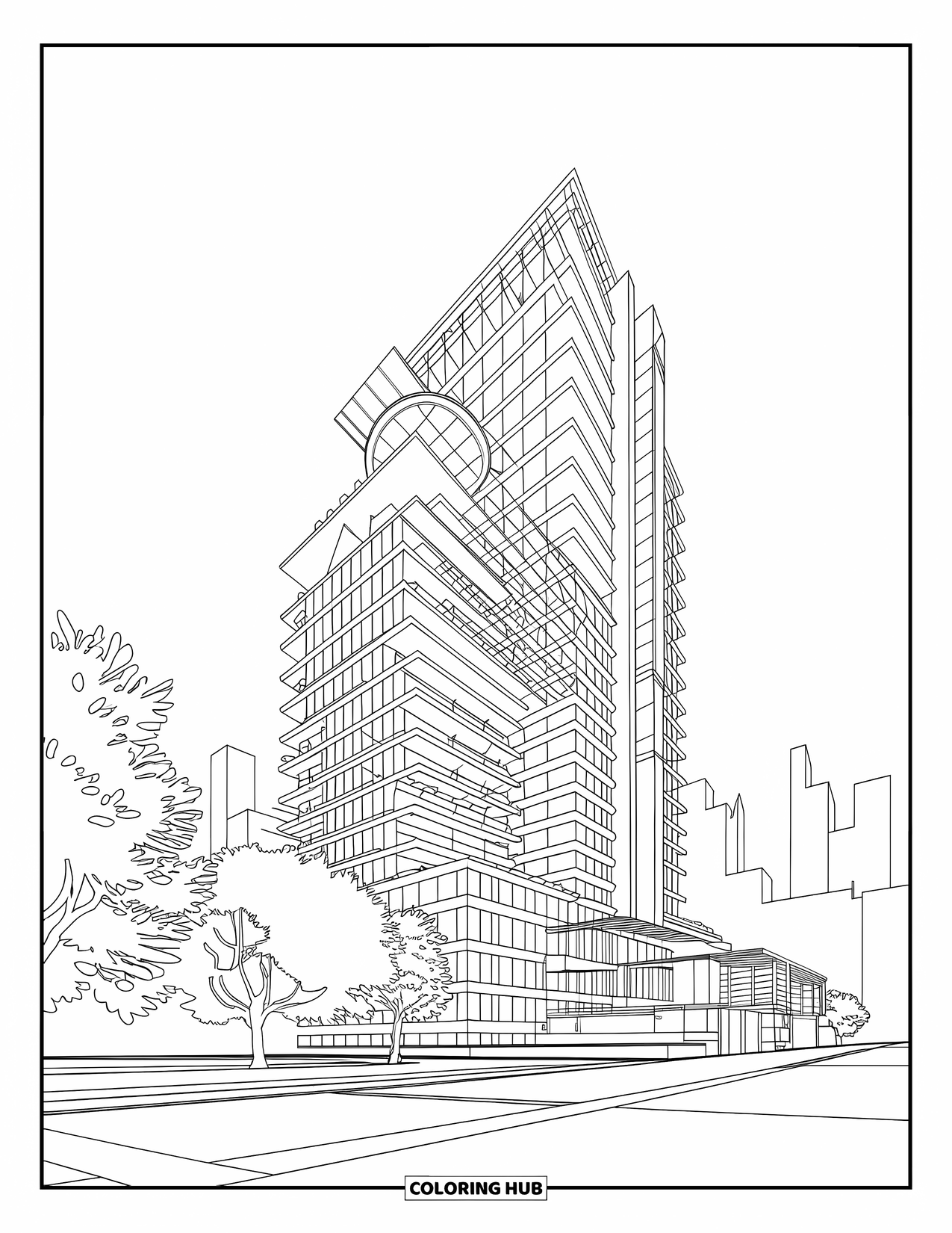 Building Coloring Page for Adults: A sleek high-rise tower with modern terraces, trees, and a distant city skyline