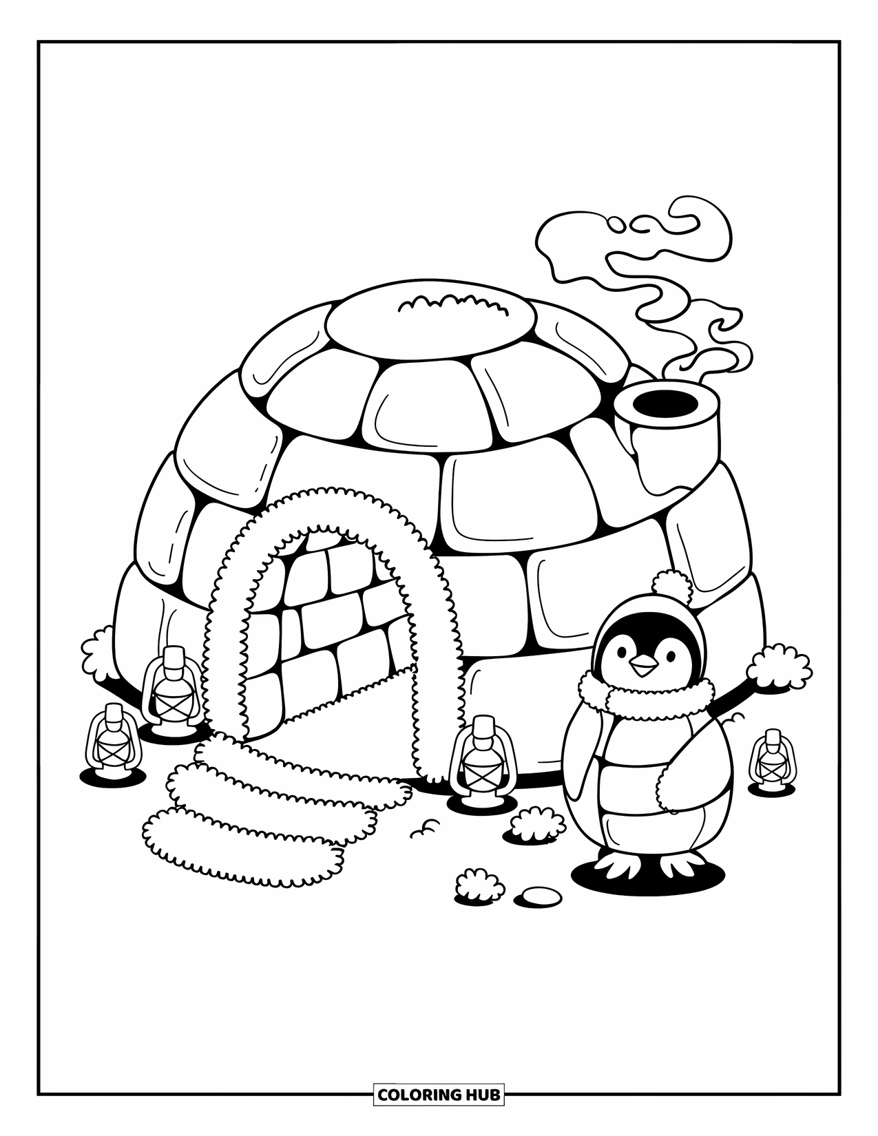 Building Coloring Page for Adults: A soft igloo cabin with a chimney, lanterns, and a cozy penguin outside
