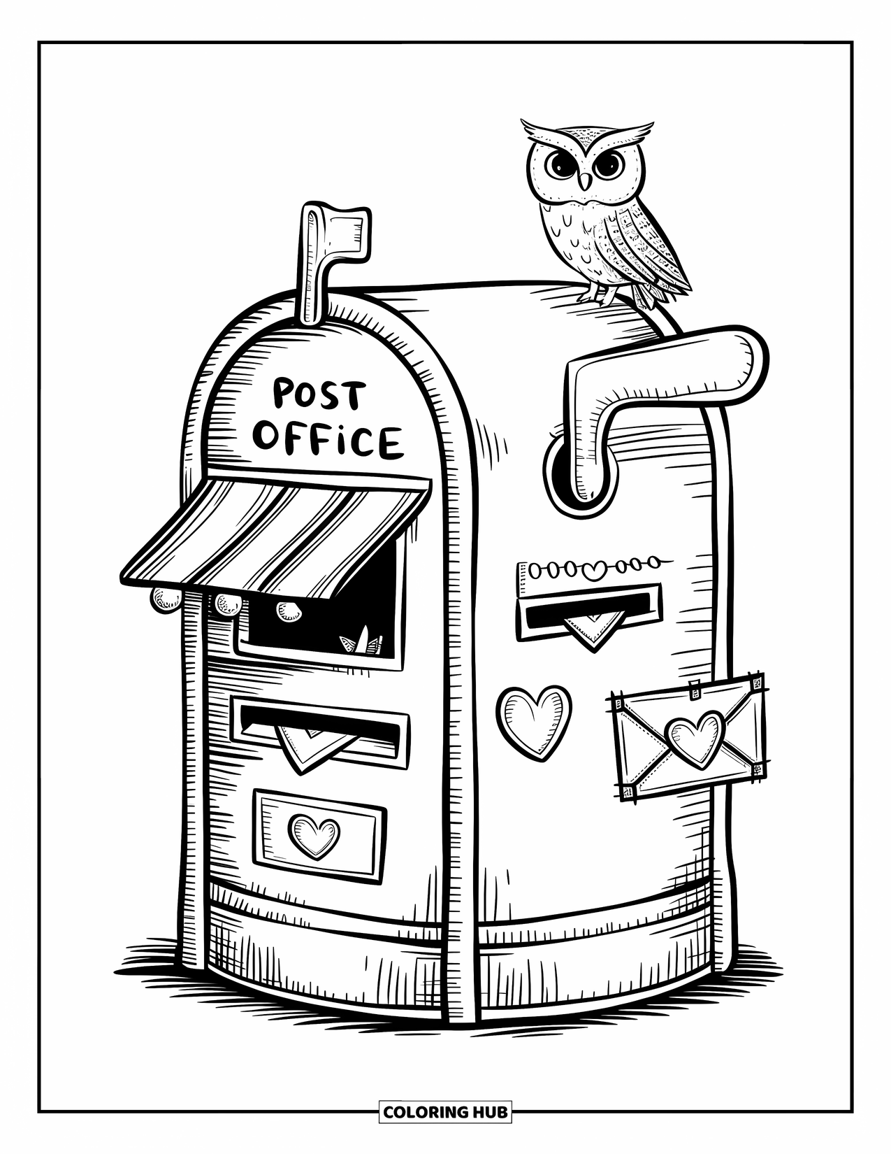 Building Coloring Page for Adults: An owl perches on a mailbox-shaped post office with heart signs and a tiny awning