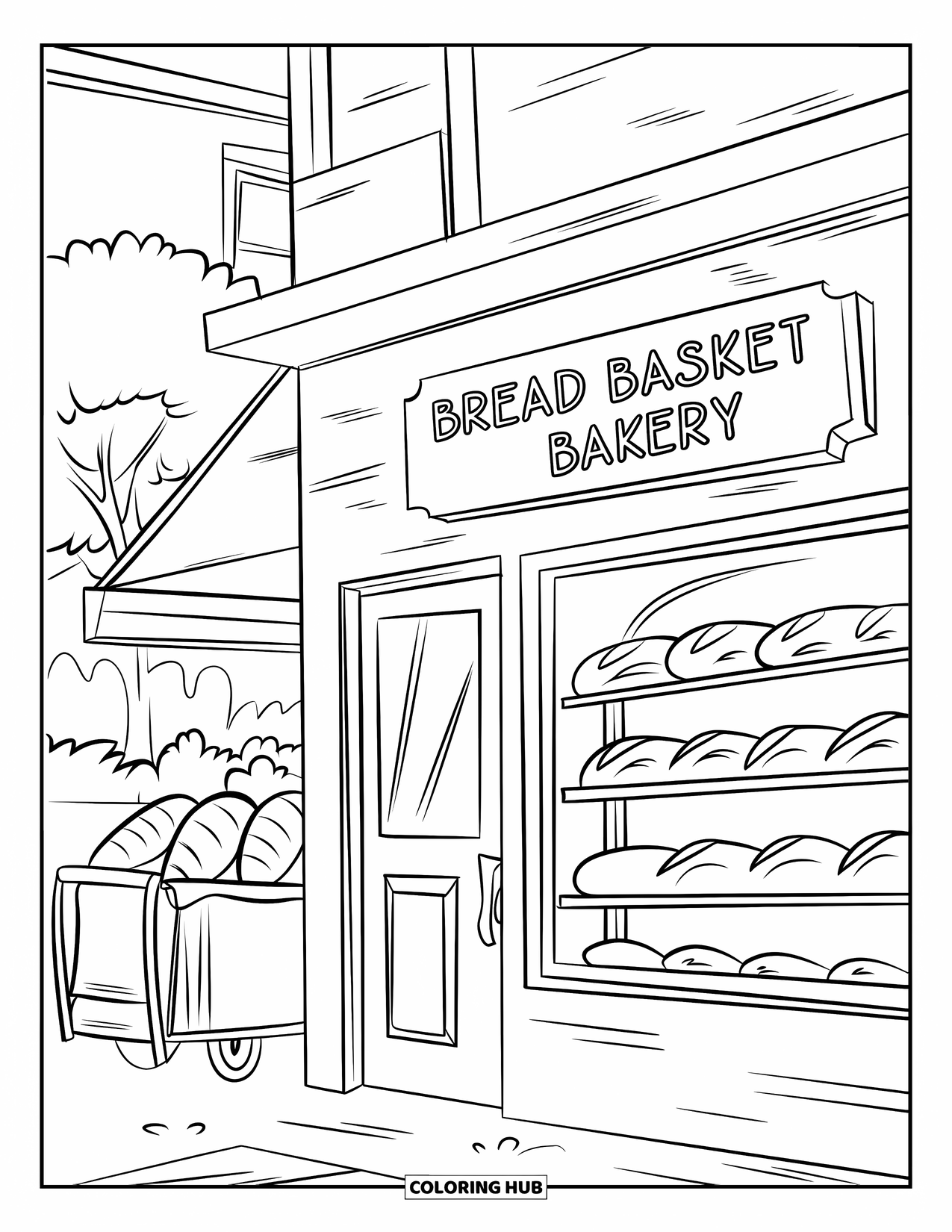 Building Coloring Page for Kids: A bakery with a "Bread Basket Bakery" sign, outdoor bread cart, and trees nearby