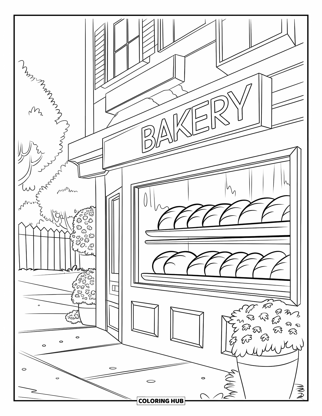 Building Coloring Page for Kids: A bakery with bread on display, potted plants, and trees in the background