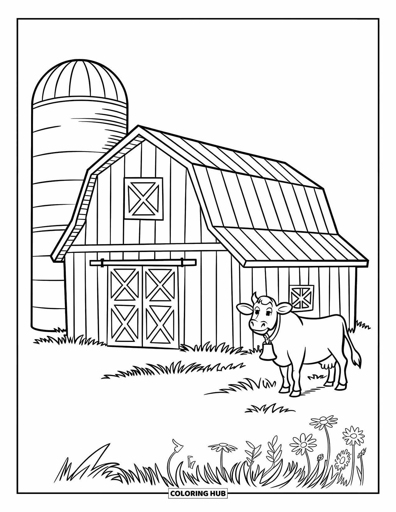 Building Coloring Page for Kids: A barn with a silo, sloped roof, and a cow standing in a wildflower field