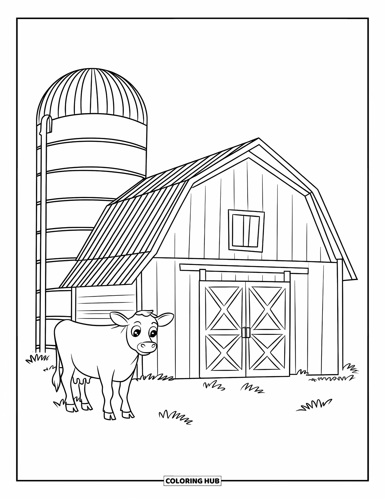 Building Coloring Page for Kids: A barn with pitched roof, a tall silo, and a cow with big eyes nearby