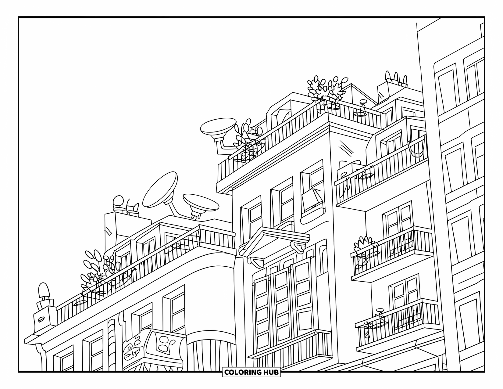 Building Coloring Page for Kids: A city apartment block with balconies, satellite dishes, and rooftop plants under a clear sky