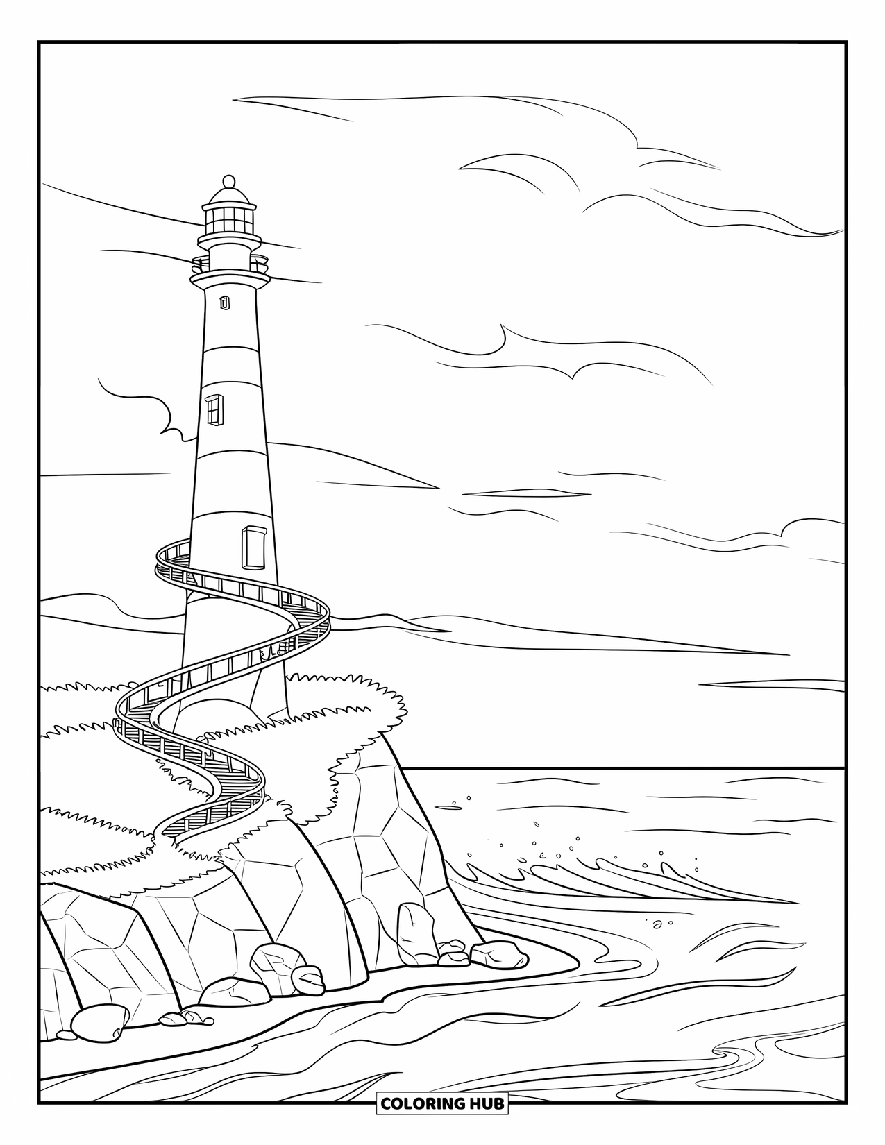 Building Coloring Page for Kids: A cliffside lighthouse with spiral stairs, waves below, and clouds overhead