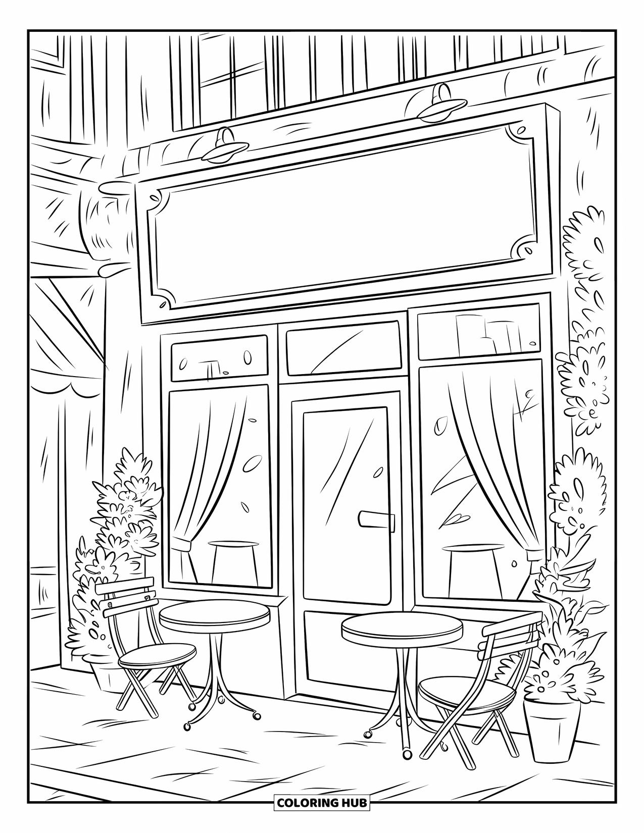 Building Coloring Page for Kids: A cozy cafe with outdoor tables, a blank signboard, and plants by the entrance