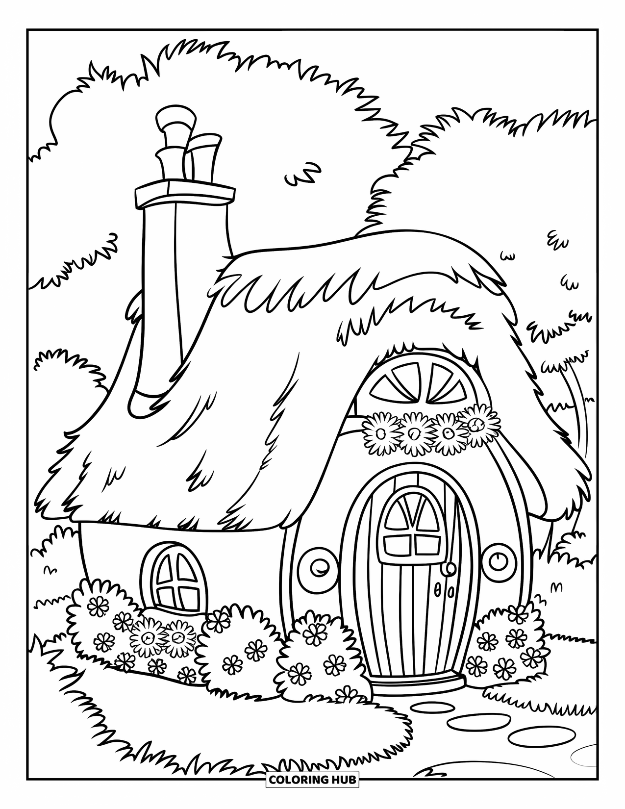 Building Coloring Page for Kids: A cozy cottage with a garden, chimney, and flowers surrounding the door