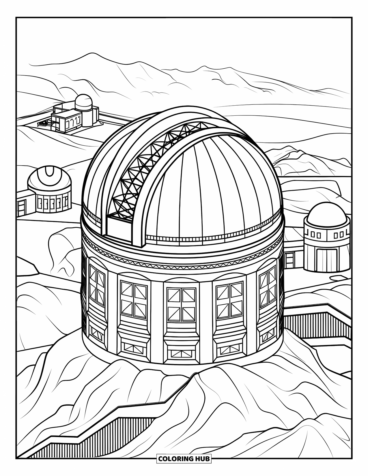 Building Coloring Page for Kids: A dome-roof observatory with telescope platform and various structures in the distance