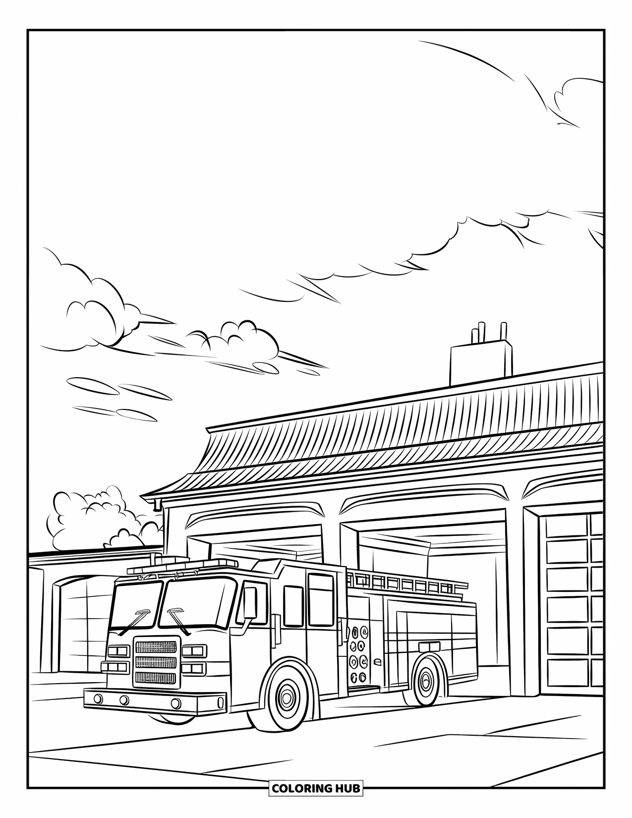 Building Coloring Page for Kids: A fire truck parked at an open-doored fire station under a sky with a few clouds