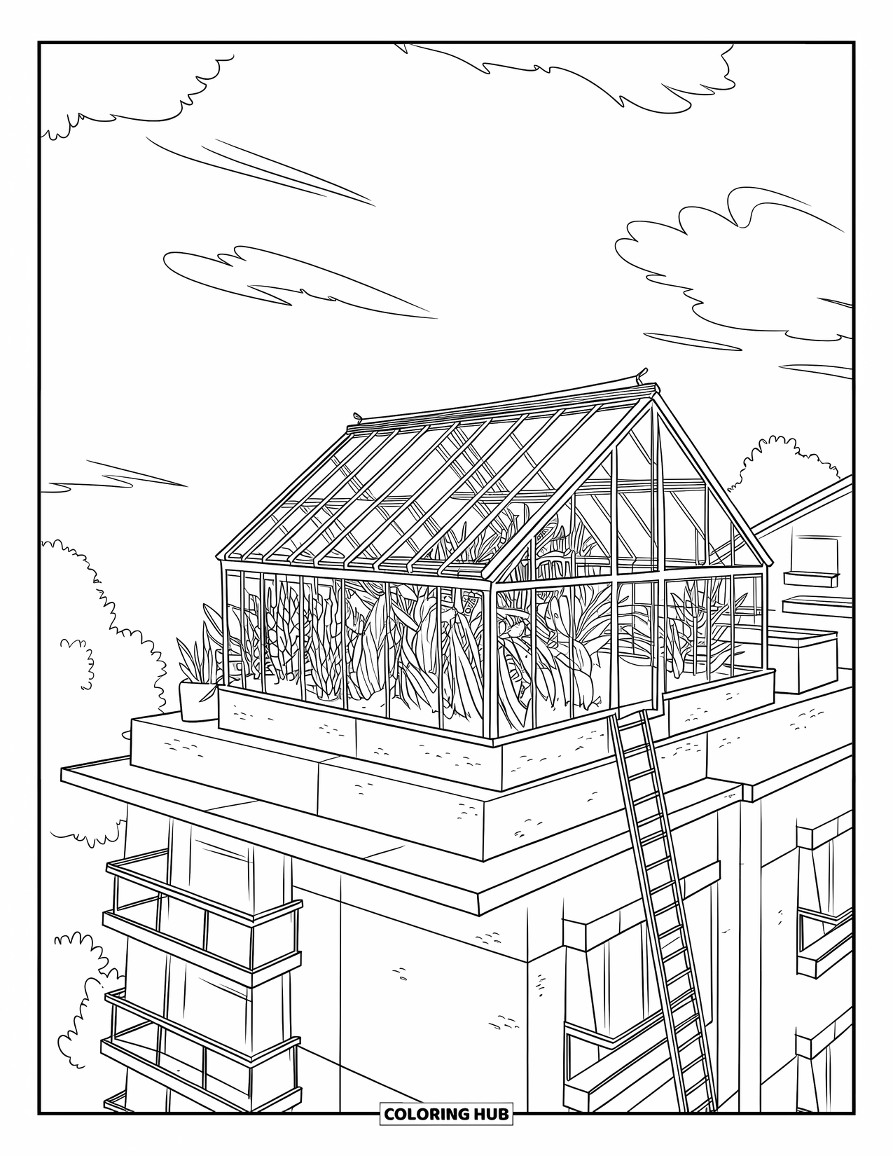 Building Coloring Page for Kids: A greenhouse with glass walls and plants atop a concrete apartment building