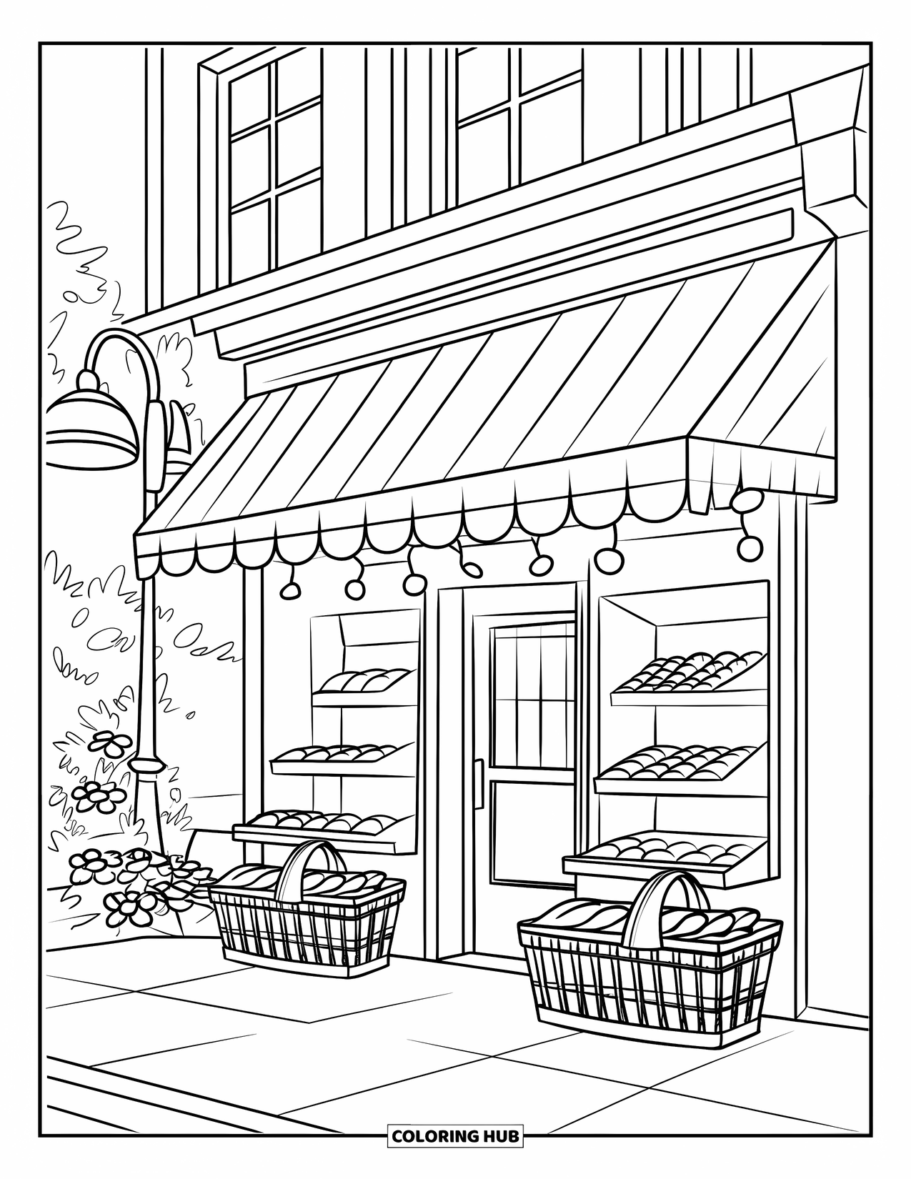 Building Coloring Page for Kids: A grocery store with flowers, baskets, and a striped awning near a lamppost