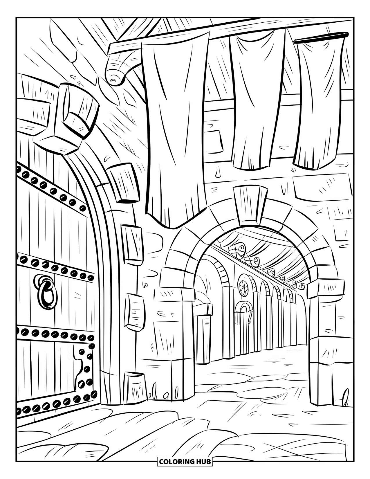 Building Coloring Page for Kids: A guild hall with arched entry, wooden door, and carved stone walls