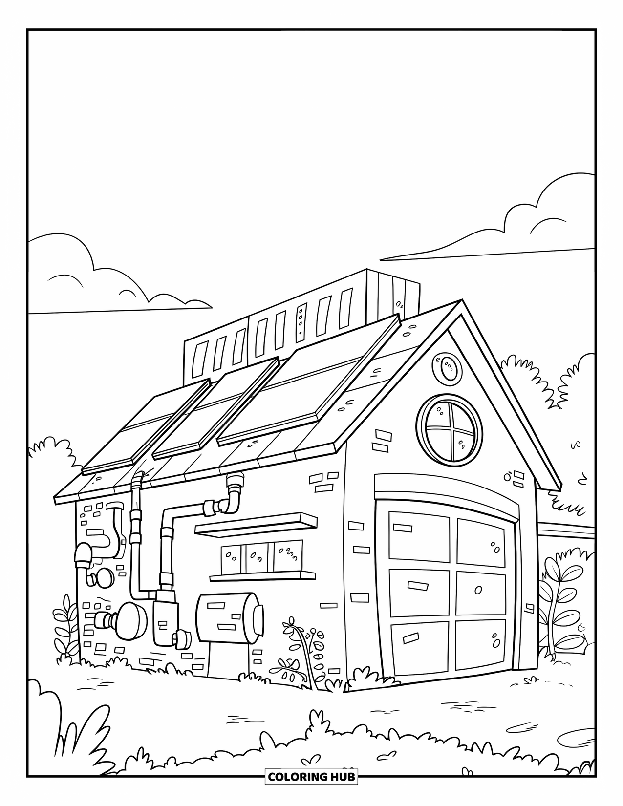 Building Coloring Page for Kids: A modern lab building with solar panels, side pipes, and nearby plants