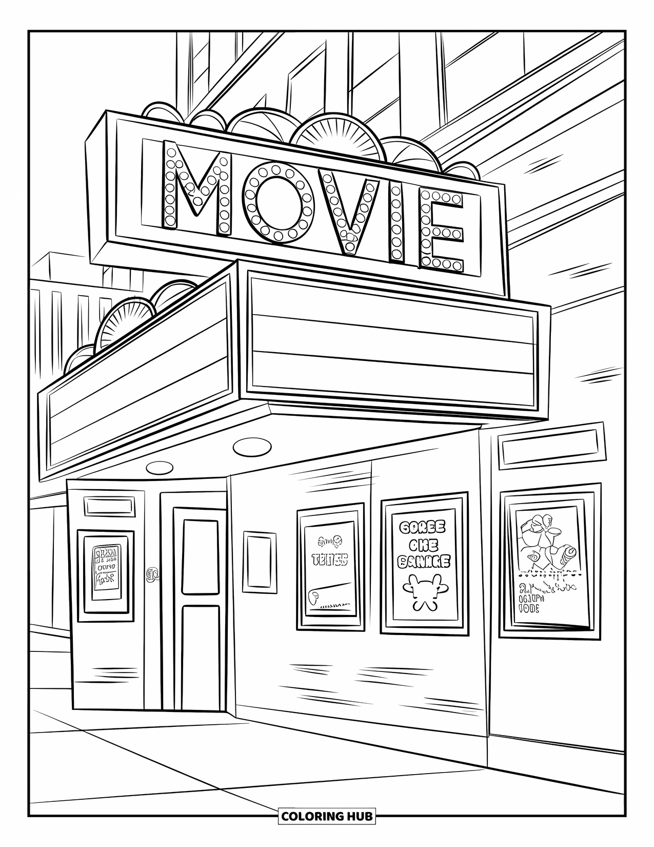 Building Coloring Page for Kids: A movie theater with posters, lampposts, and a street scene in the background