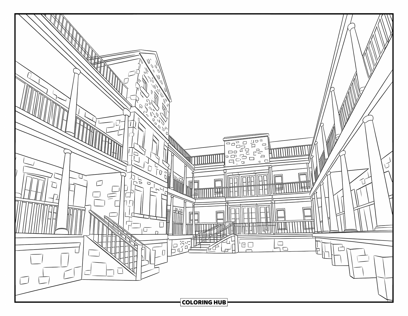 Building Coloring Page for Kids: A multi-story dorm with stone walls, balconies, and railings along each level
