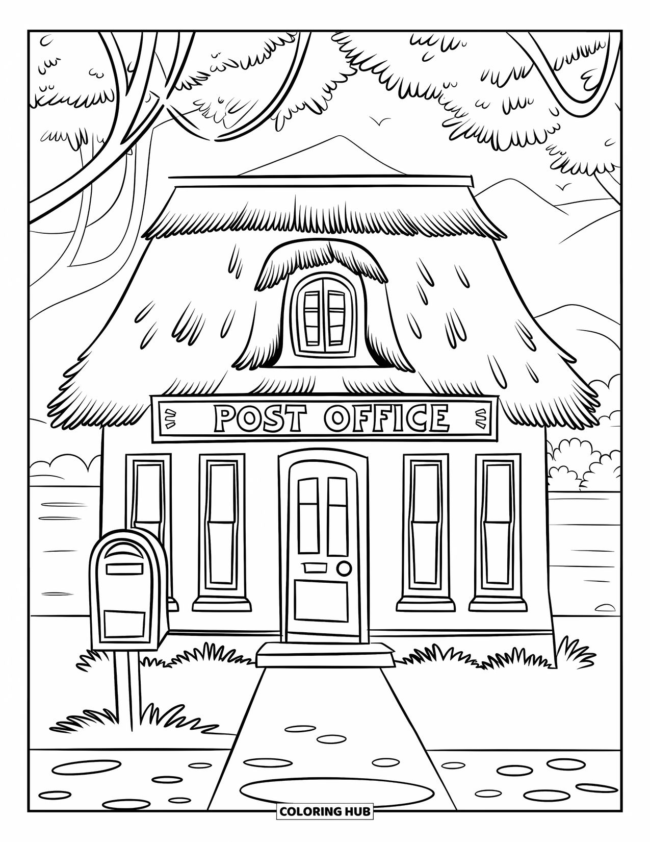 Building Coloring Page for Kids: A post office with a thatched roof, trees, and mountains by a calm body of water