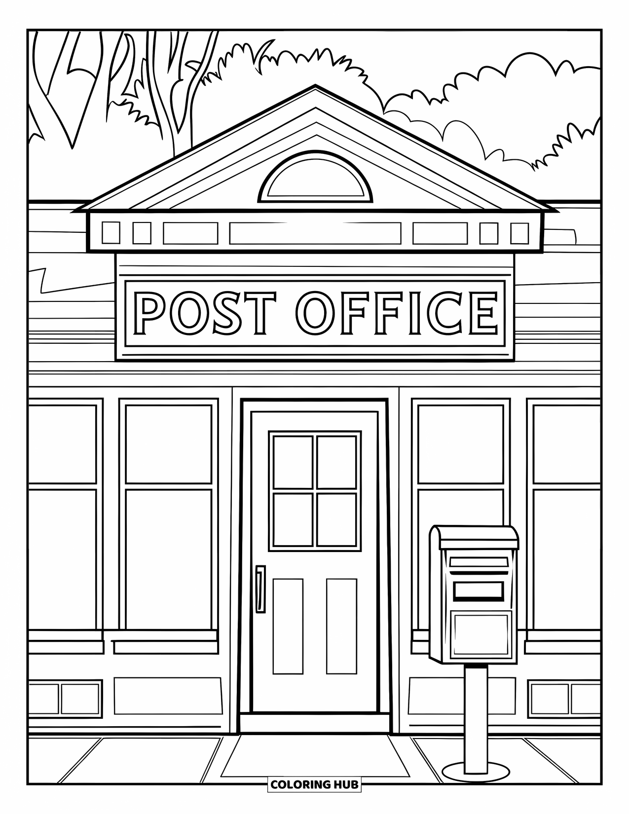 Building Coloring Page for Kids: A post office with big windows, mailbox, front door, and a cheerful design