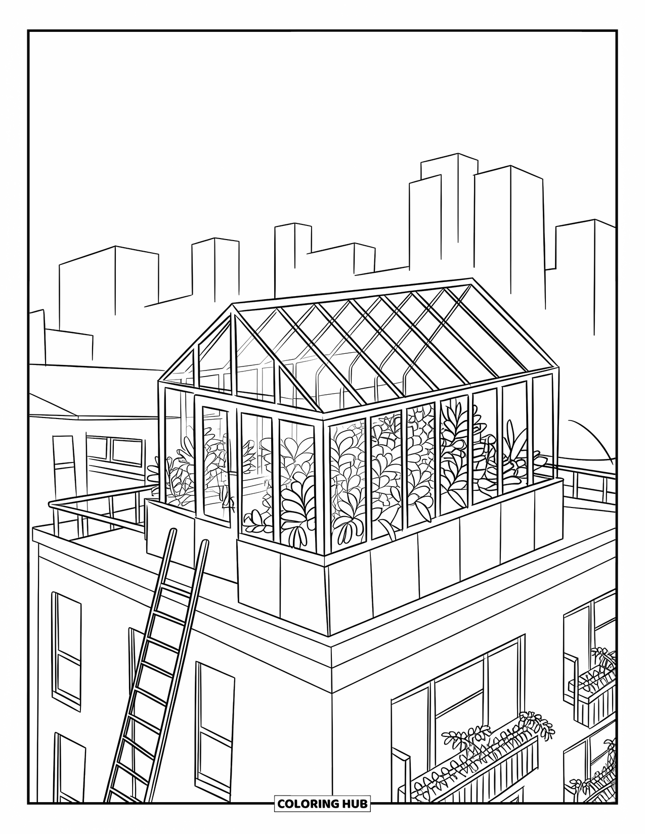 Building Coloring Page for Kids: A rooftop greenhouse with leafy plants above a modern apartment and a city skyline