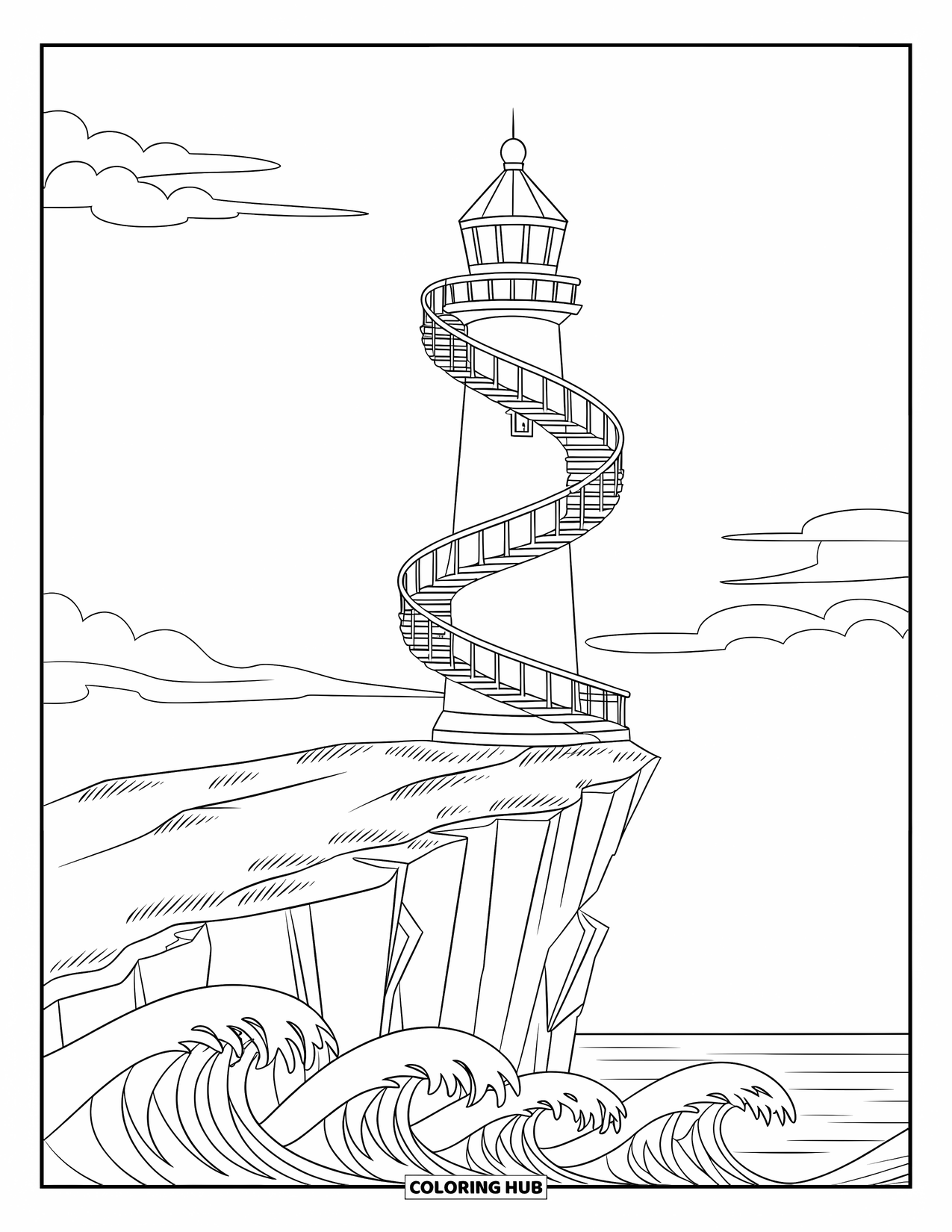 Building Coloring Page for Kids: A round lighthouse with spiral stairs, crashing waves, and a few clouds in the sky