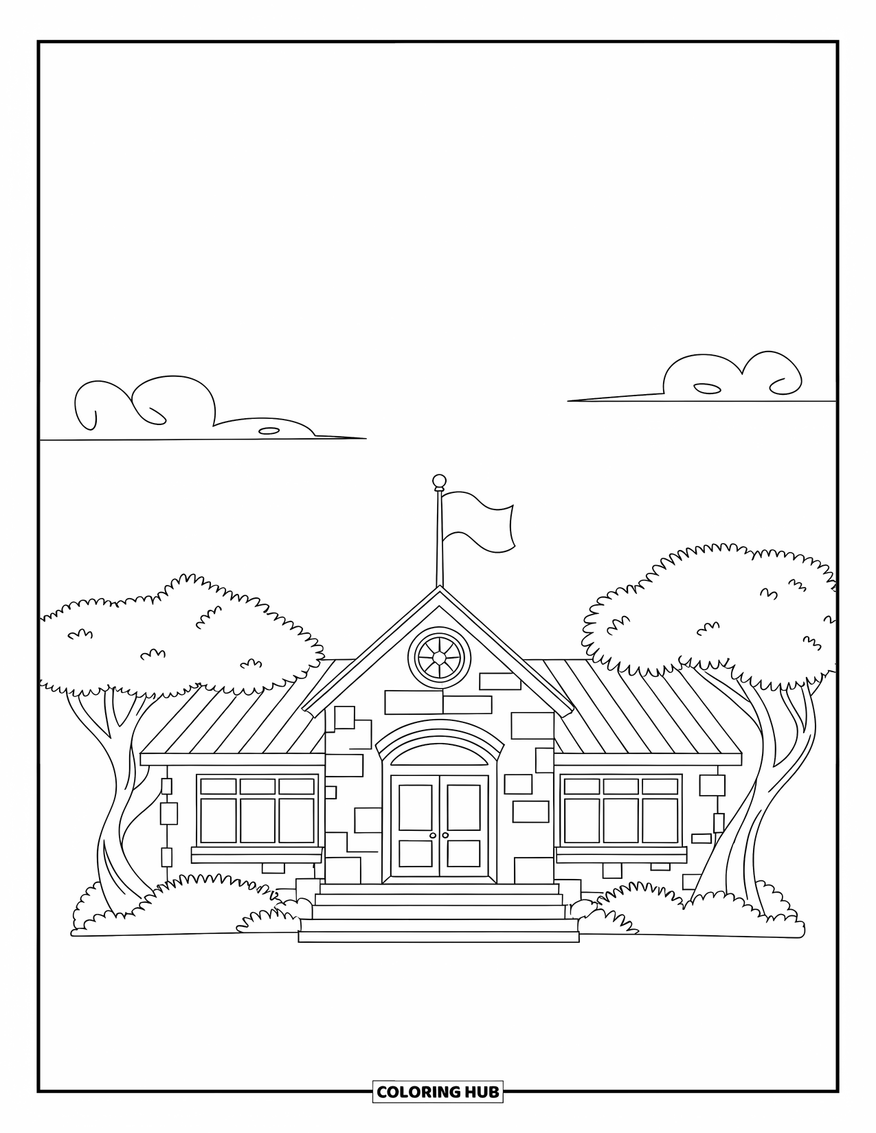 Building Coloring Page for Kids: A school with trees reaching over the roof and a flag waving above