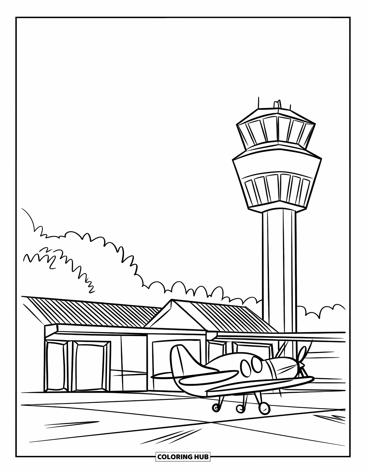 Building Coloring Page for Kids: A small airport with slanted roofs, a round control tower, and trees in the background