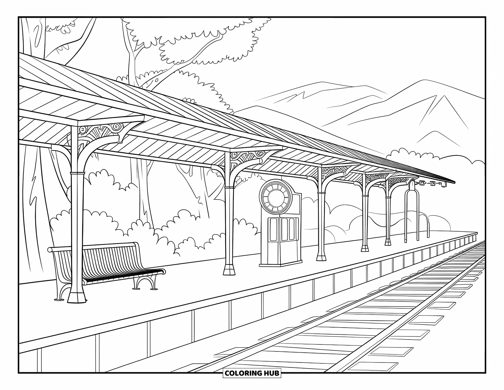 Building Coloring Page for Kids: A small train station with a bench, clock, platform, and mountains in the background