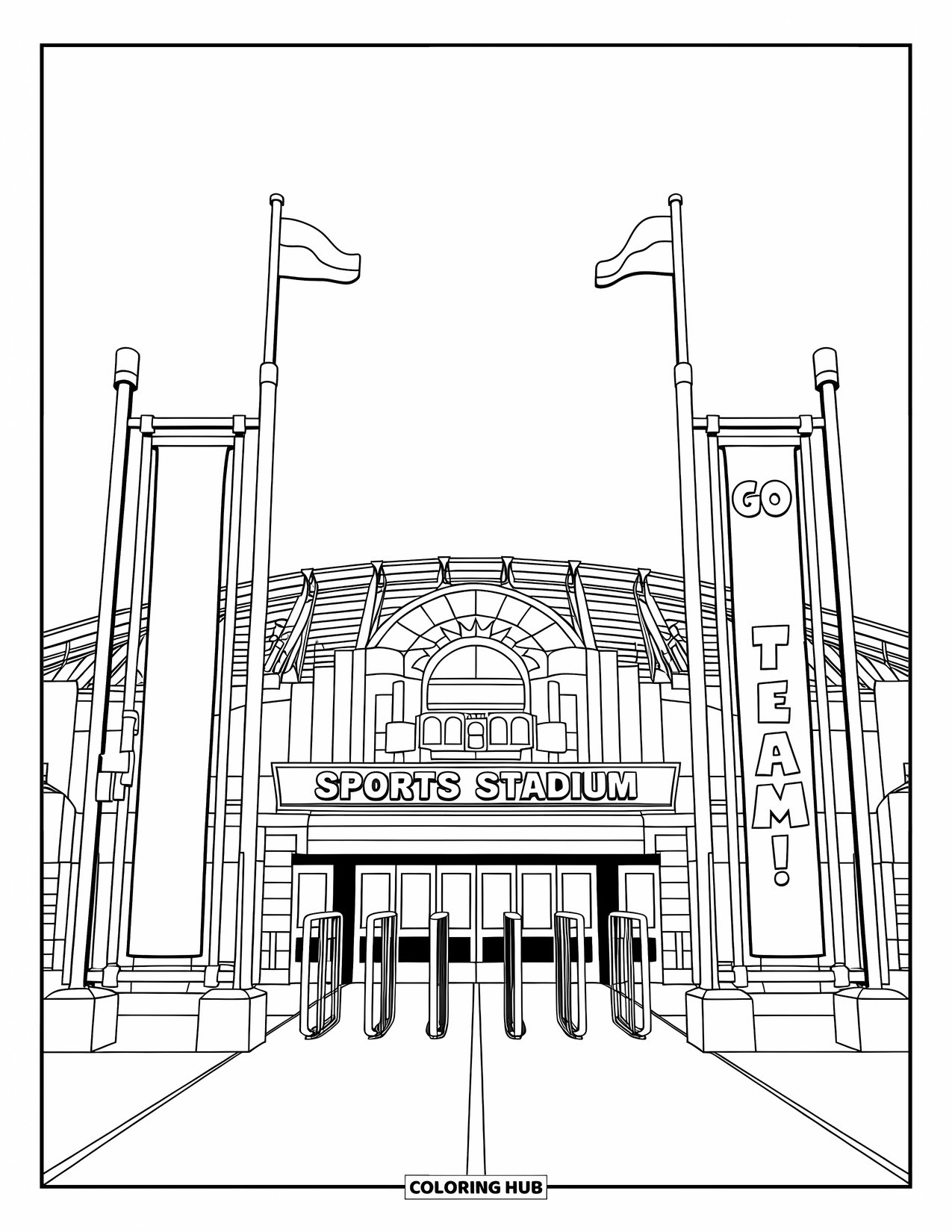 Building Coloring Page for Kids: A sports stadium with brick walls, banners, turnstiles, and "Go Team!" signage