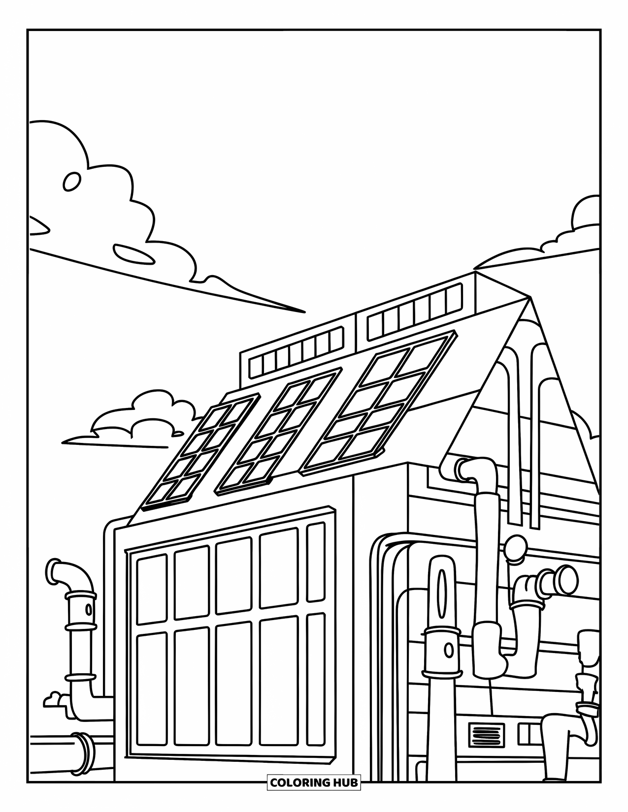 Building Coloring Page for Kids: A square science lab with large windows, rooftop panels, and a few side pipes