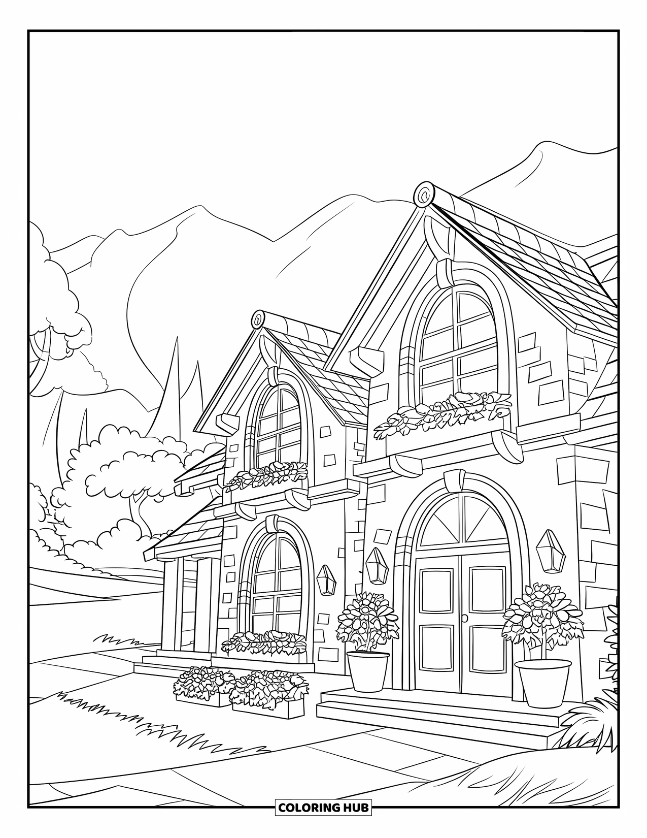 Building Coloring Page for Kids: A stone village library with potted plants, mountains, and trees in the background