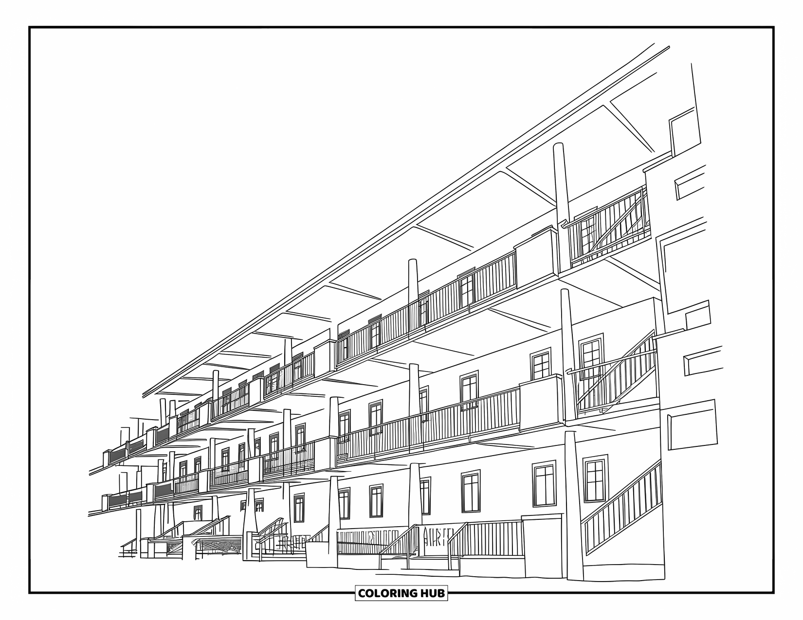 Building Coloring Page for Kids: A tall dorm with windows, balconies, and stairwells stacked across several floors