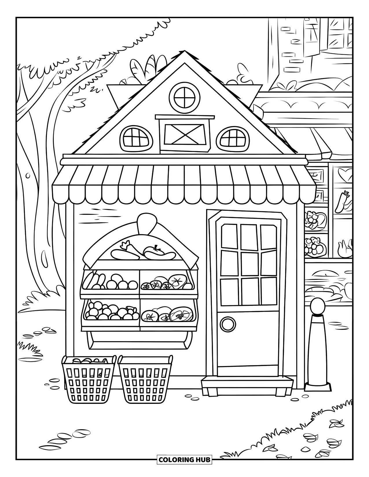 Building Coloring Page for Kids: A tiny grocery store with striped awning, baskets, and shelves of fruits and vegetables