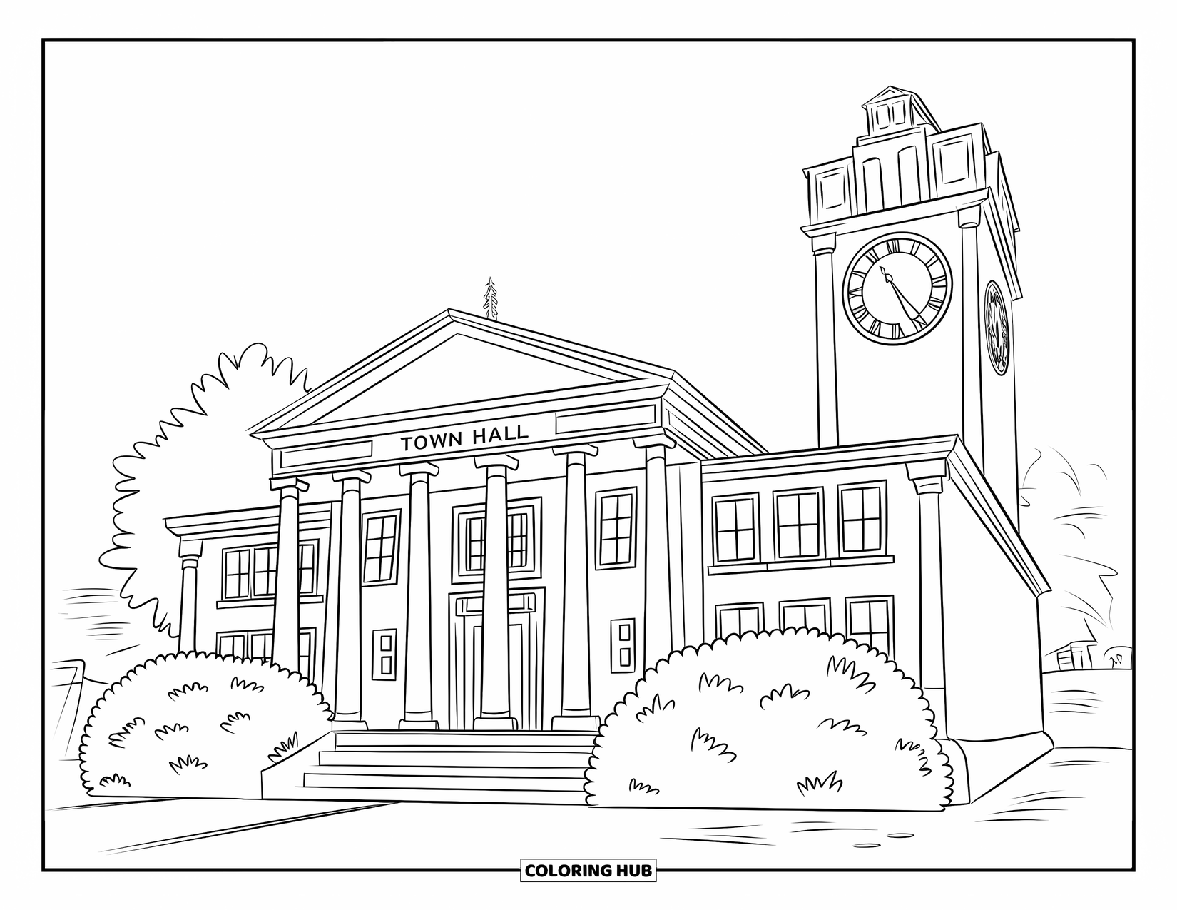 Building Coloring Page for Kids: A town hall with Roman numerals on the clock and bushes in a peaceful setting