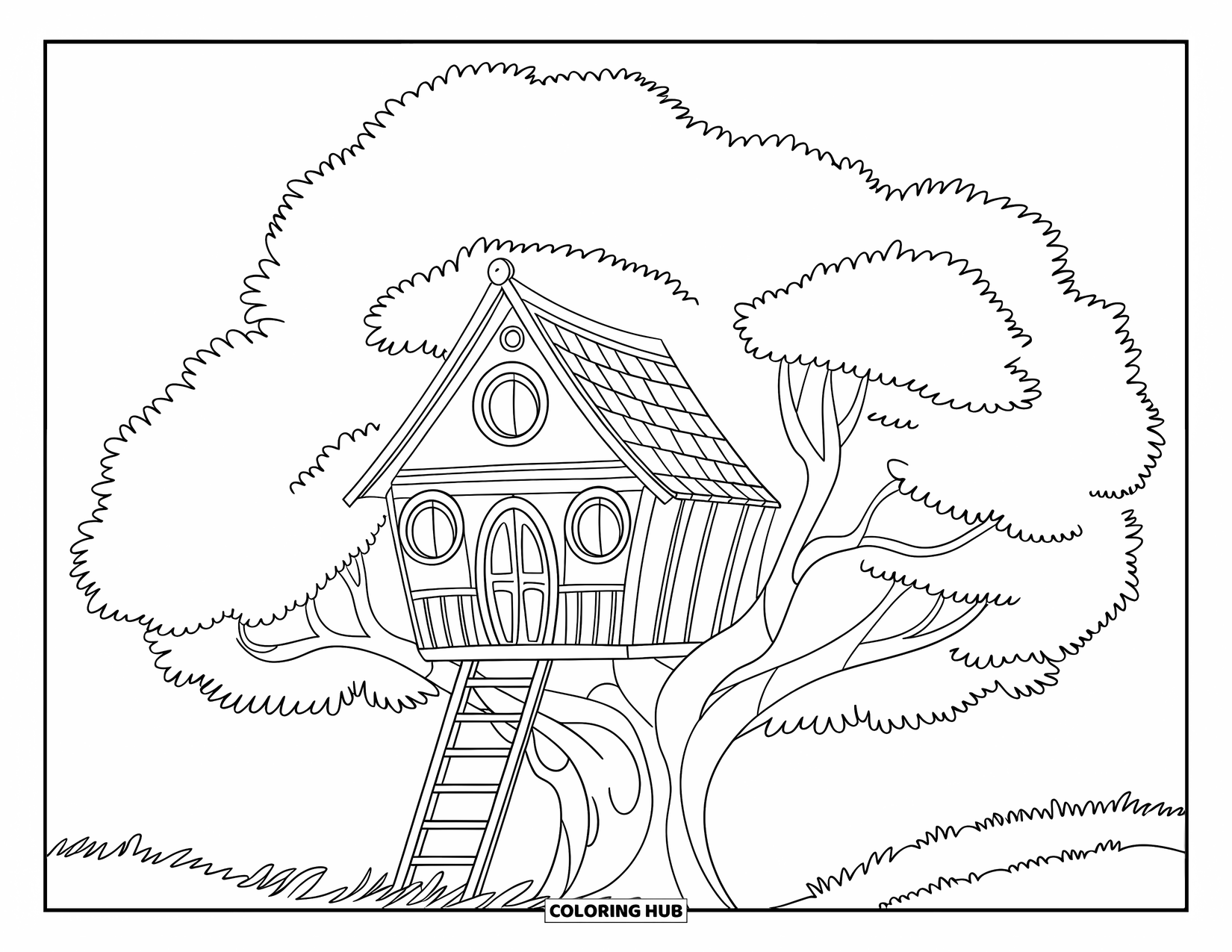 Building Coloring Page for Kids: A treehouse nestled in branches with a big window and ladder surrounded by grass